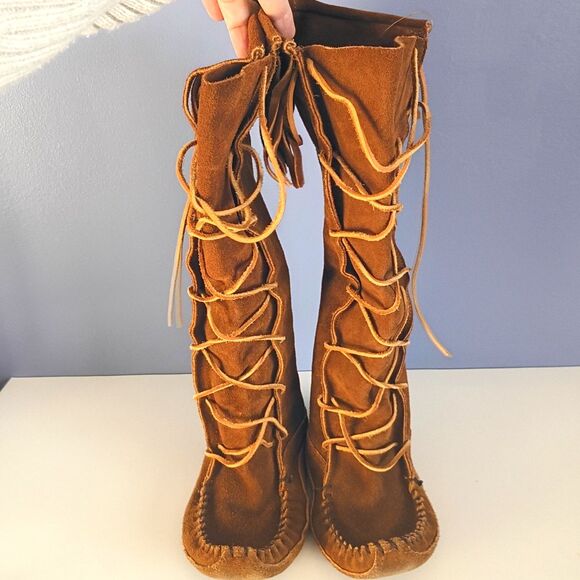 Vintage Minnetonka 1322 Knee High Lace Up Leather Sole Moccasin Boots 7 Boho - Picture 5 of 9
